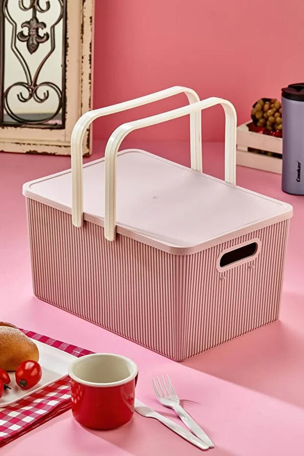 5 PARÇA PEMBE TAŞINABİLİR 17 LT. PİKNİK SEPETİ